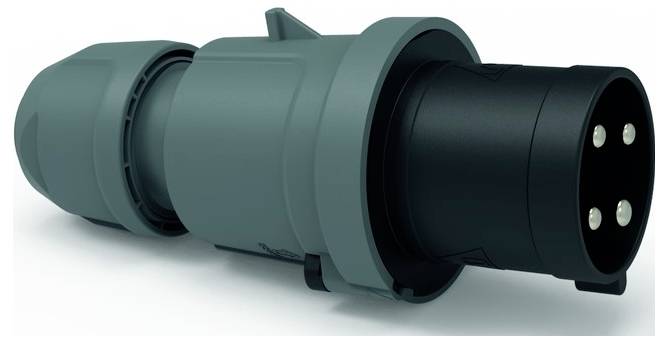 Industriestecker mit drei Stiften und grauem Kunststoffgehäuse für Hochspannungelektrische Verbindungen.