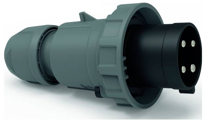 Ein grauer industrieller Stromstecker mit fünf Metallstiften, entwickelt für schwere Lasten.