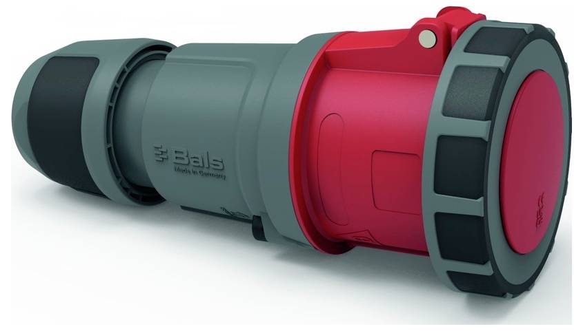 Ein robuster Industrie-Stecker, hauptsächlich rot und grau, mit der Markenbezeichnung „Bals