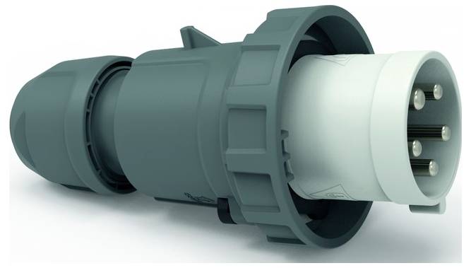 Ein blaugrüner Industriesteckverbinder mit zylindrischer Form und mehreren Metallkontakten, entwickelt für robuste elektrische Verbindungen.