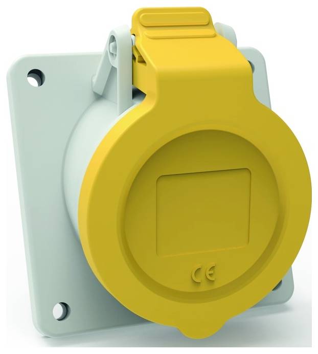 Ein gelbes Industrie-Stromsteckersystem vor einer grauen Montageplatte, das eine Schutzabdeckung zur Vermeidung von Staub- und Wassereintritt zeigt.