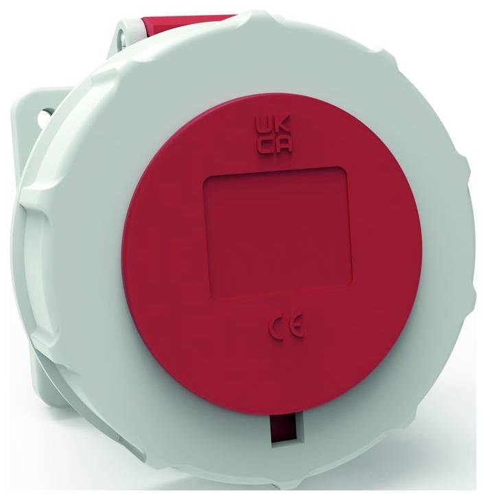 Ein rotes und graues Industriegerät mit UKCA- und CE-Kennzeichnungen auf seiner Oberfläche, die die Einhaltung britischer und EU-Sicherheitsnormen anzeigen.