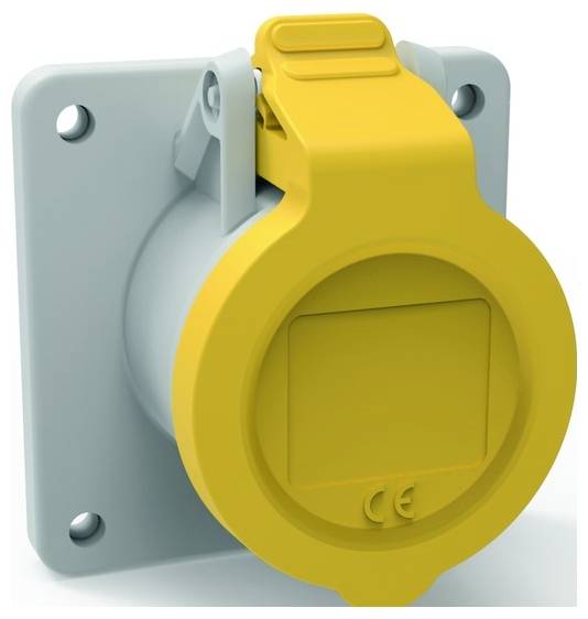 Eine gelbe Steckdose für Industriegebrauch, die auf einer grauen Basis montiert ist und über eine Schutzabdeckung verfügt.