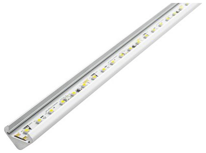 Ein weißes LED-Streifenlicht mit mehreren kleinen LED-Lampen auf einer silbernen Rückseite, entwickelt für effiziente Innenraumbeleuchtung.
