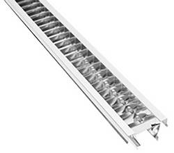 Ein langes, rechteckiges Leuchtstoffleuchten-Armaturengehäuse mit metallischem Gitterabdeckung, das für die Deckenbeleuchtung in Büroumgebungen verwendet wird.