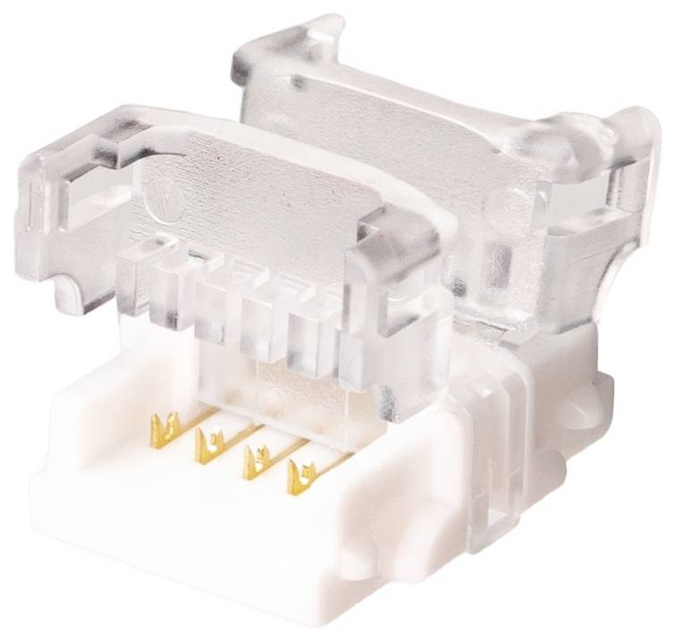Ein Kunststoffverbinder mit transparenten Verschlüssen und vergoldeten Kontaktstiften, verwendet für elektrische Verbindungen in elektronischen Geräten.