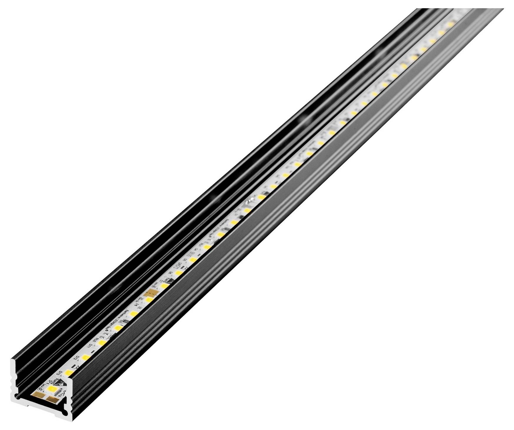 Ein schmales LED-Leuchtband in einem schwarzen Aluminiumkanal eingefasst, mit einzelnen LED-Leuchten auf einem Schaltungsband im Inneren sichtbar.