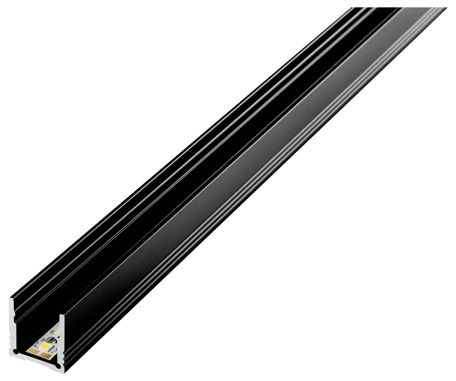 Ein schwarzer LED-Streifen-Lichtkanal mit Aluminiumbody und mattierter Abdeckung, konstruiert für die Unterbringung von LED-Leuchten in linearen Installationen.