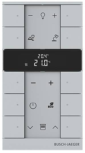 Thermostat-Steuerfeld mit Tasten für Lichter, Weinglas-Symbol, Temperaturanzeige bei 21,0°C, Plus-/Minus-Einstellungen, Öko-Modus.