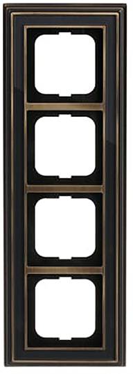 Eine bronzefarbene, rechteckige Vierfach-Schalterabdeckung mit vier leeren Plätzen für elektrische Schalter, vertikal angeordnet.