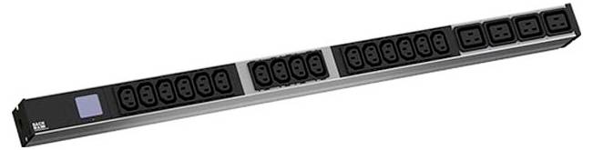 Eine schwarze Stromverteilungseinheit mit mehreren Steckdosen, die für die Verwaltung der Stromversorgung in Rechenzentren oder Computer-Ausrüstungsaufbauten konzipiert ist.