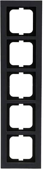 Ein schwarzer vertikaler Rahmen mit fünf gleichmäßig verteilten quadratischen Öffnungen zu Montagezwecken.