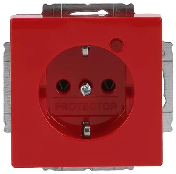 Eine rote elektrische Wandsteckdose mit der Beschriftung 
