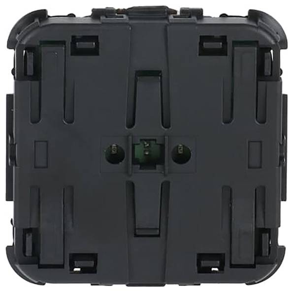 Ein quadratisches, schwarzes, kunststoffes elektronisches Bauelement mit sichtbaren Anschlüssen und schlitzförmigen Öffnungen, möglicherweise zur elektrischen oder mechanischen Integration.