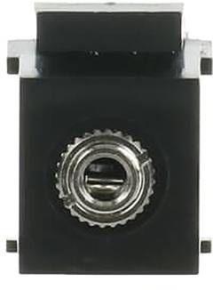 Ein schwarzes und silbernes elektronisches Bauteil mit einem zentralen metallischen Stecker, wahrscheinlich eine Buchse oder ein Anschluss, von vorne betrachtet.