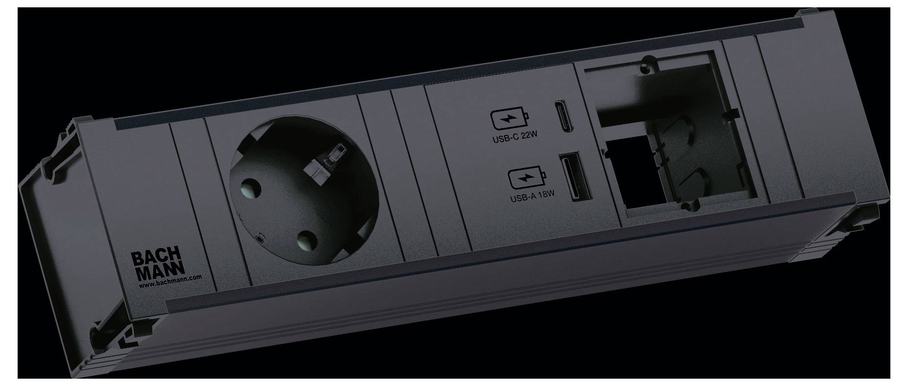 Ein Strom- und Konnektivitätsmodul mit europäischer Steckdose, USB-Anschlüssen mit der Bezeichnung „USB-A 2,4A