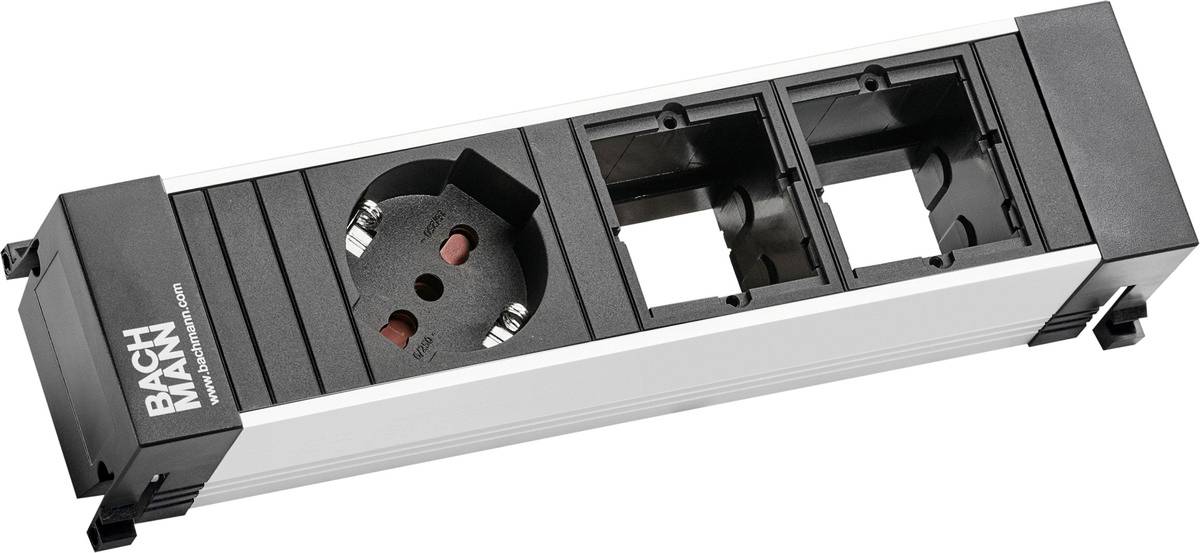 Modulare Steckdosenleiste mit schwarzem und silbernem Gehäuse, mehreren Steckdosenöffnungen und 