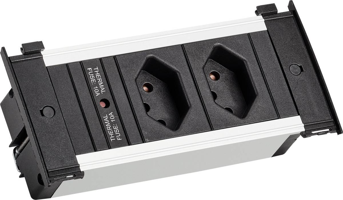 Schwarz-silbernes Stromausgangmodul mit zwei universellen Steckdosen und einem Thermosicherungsetikett, isoliert auf weißem Hintergrund dargestellt.