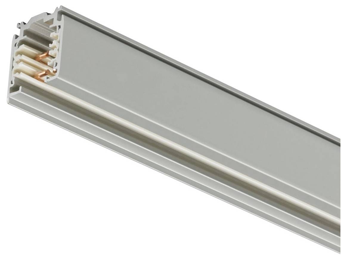 Eine Nahaufnahme einer silbernen metallischen Stromschiene mit sichtbaren Kupferleitern und einem eleganten, kompakten Design.