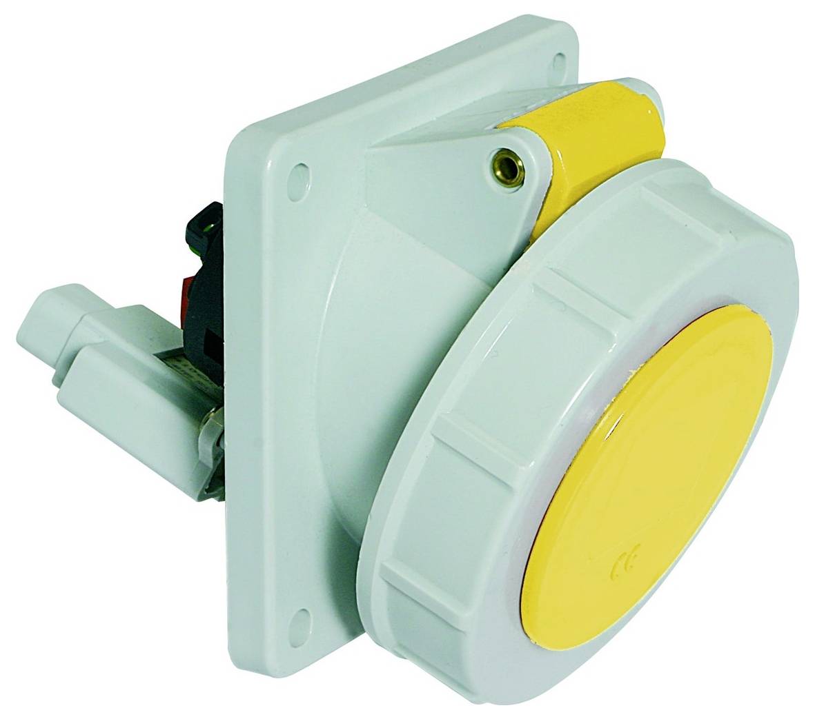 Ein großer, runder, industrieller elektrischer Schalter mit einem gelben Knopf auf einer weißen Tafel. Diese Art wird häufig für Notausschalter verwendet.