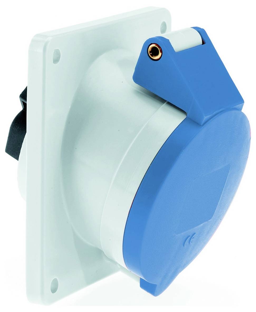 Schutzkappen für Steckdosen, rund und blau, befestigt auf einer weißen quadratischen Basis mit Befestigungslöchern, ausgelegt zum Wetterschutz.