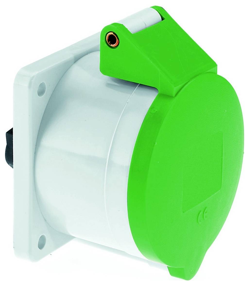Ein weißer und grüner Steckdose mit aufklappbarem Deckel, entwickelt zur Wandmontage. Der Deckel ist geschlossen, was anzeigt, dass sie nicht in Gebrauch ist.
