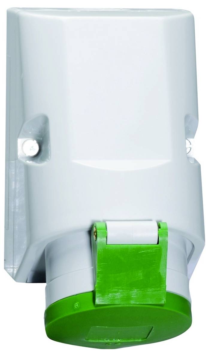 Ein graues Kunststoff-Wandgerät mit grüner Schutzabdeckung, möglicherweise eine Außenstromleitung oder ein Außenschalter.