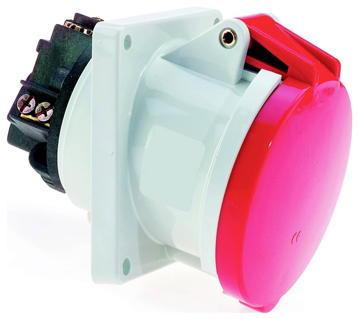 Eine rosa Steckdose mit blauem Deckel, entworfen für industrielle Verwendung.