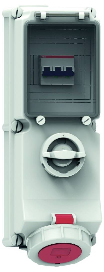 Eine graue Elektroschalterbox mit transparenter Abdeckung und drei Bedienelementen, bestehend aus einem Drehschalter und zwei kleineren Tasten.