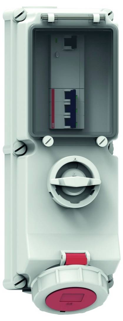 Ein Industriestecker mit einer weißen rechteckigen Basis und einem schwarzen zylindrischen Stecker, mit drei Stiften im Inneren.