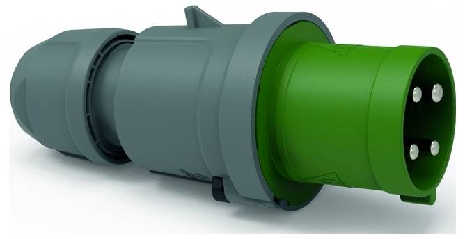 Ein großer industrieller grün-grauer männlicher Stromstecker mit drei Metallkontakten, der für Hochspannungsverbindungen in gewerblichen Umgebungen verwendet wird.