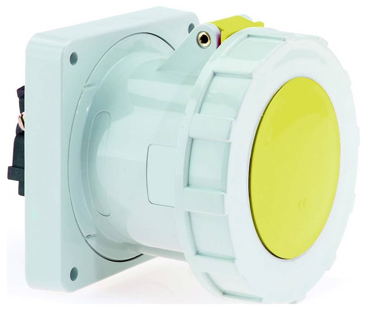 Ein blauer und gelber Industrie-Elektrostecker mit robustem Design, gekennzeichnet durch einen runden Korpus und sichere Verbindungen.