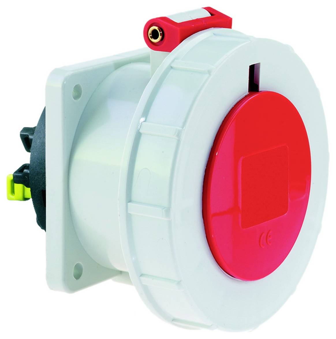 Eine rot-weiße Industriesteckdose, die für Hochleistungs-Stromverbindungen konzipiert ist, mit einer Schutzkappe und Befestigungsfunktionen.