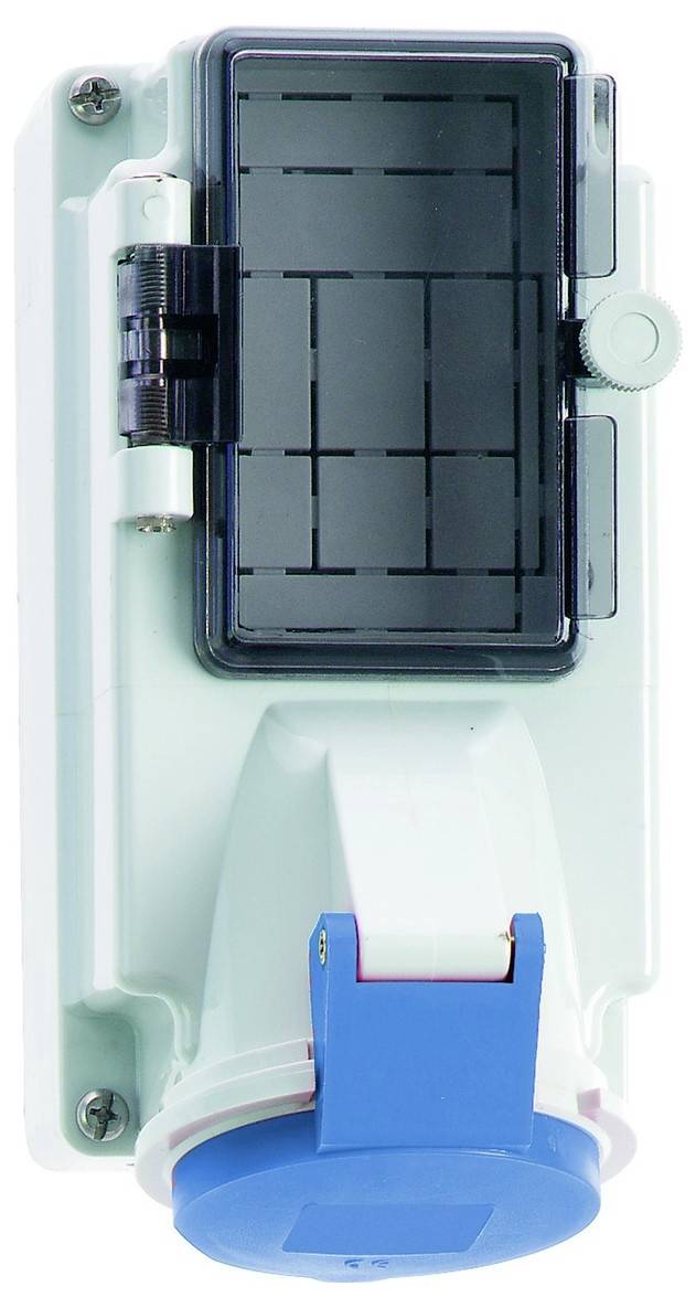 Rechteckiges weißes Deckenpaneel mit zwei schwarzen Anschlüssen und einer kleinen Schachtel oben, wahrscheinlich Teil eines Beleuchtungs- oder Lüftungssystems.