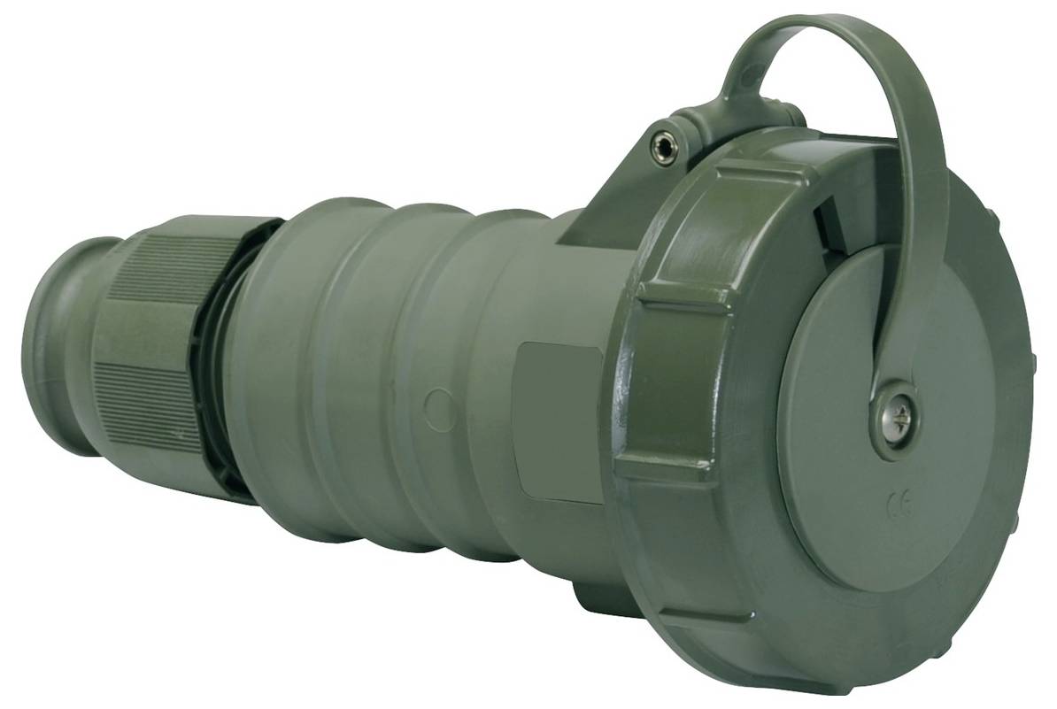 Ein grüner Industriestecker mit einer Schutzkappe und einem Griff, entwickelt für robuste Elektroverbindungen mit hoher Belastung.