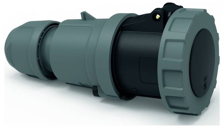 Ein blauer Industriestecker im Industriestil mit Verriegelungsmechanismus, entwickelt für sichere Stromverbindungen in schwierigen Umgebungen.