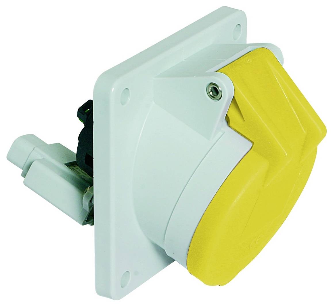 Eine gelbe Steckdose für den Industriebereich auf einem weißen Montagepanel, bestimmt für den Einsatz in schweren elektrischen Anwendungen.