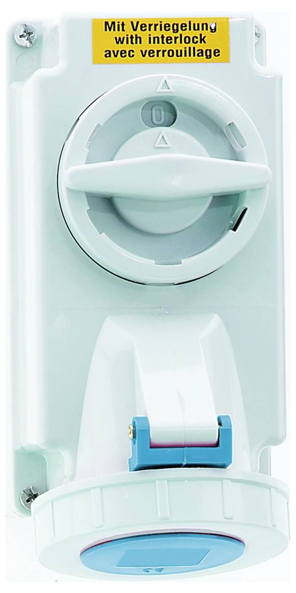 Ein weißer Industrieschalter mit blauem Riegel und Beschriftung, auf dem 