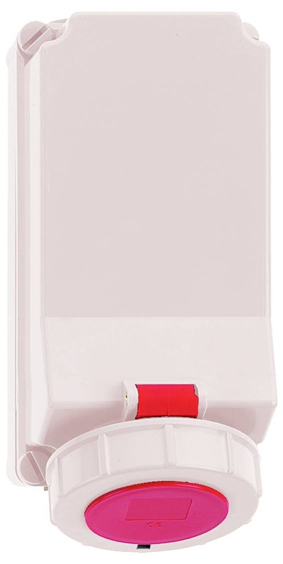 Wandmontierte Industriesteckdose mit Schutzabdeckung, geeignet für robuste elektrische Verbindungen.