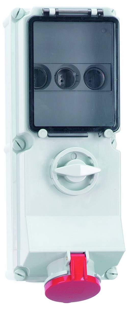 Ein an der Wand montiertes elektrisches Schaltboard mit einer Schutzabdeckung, einem Drehknopf und einem roten unteren Hebel zur Steuerung und Sicherheit.