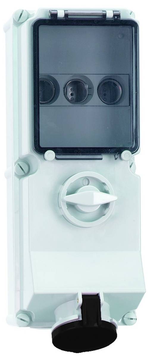 Ein rechteckiges Elektrogerät mit einem Drehschalter und drei kreisförmigen Anzeigenestern, das zur Verwaltung und Kontrolle der Stromversorgung verwendet wird.