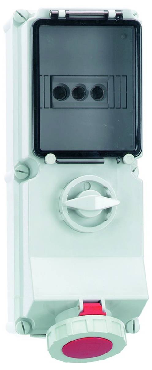 Ein Industrie-Stromschalter mit Schutzabdeckung, ausgestattet mit einem Drehwähler und drei schwarzen Tasten, verwendet zur Stromregelung.