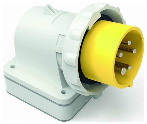 Ein gelber industrieller Stromstecker mit fünf Stiften, integriert in ein weißes Gehäuse. Wird zum Anschließen von schweren Maschinen oder Geräten verwendet.