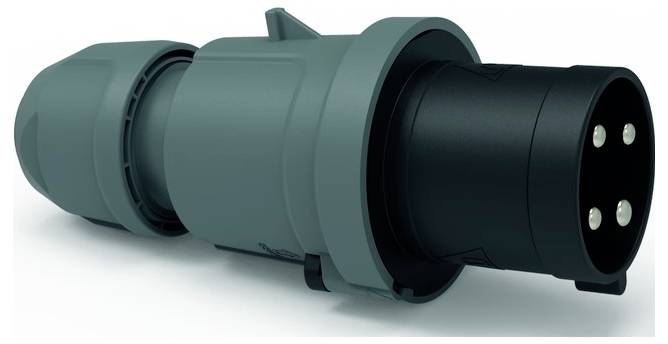 Eine Nahaufnahme eines grünen Industriesteckers mit einem schwarzen dreipoligen Stecker, der typischerweise für robuste Elektroverbindungen verwendet wird.