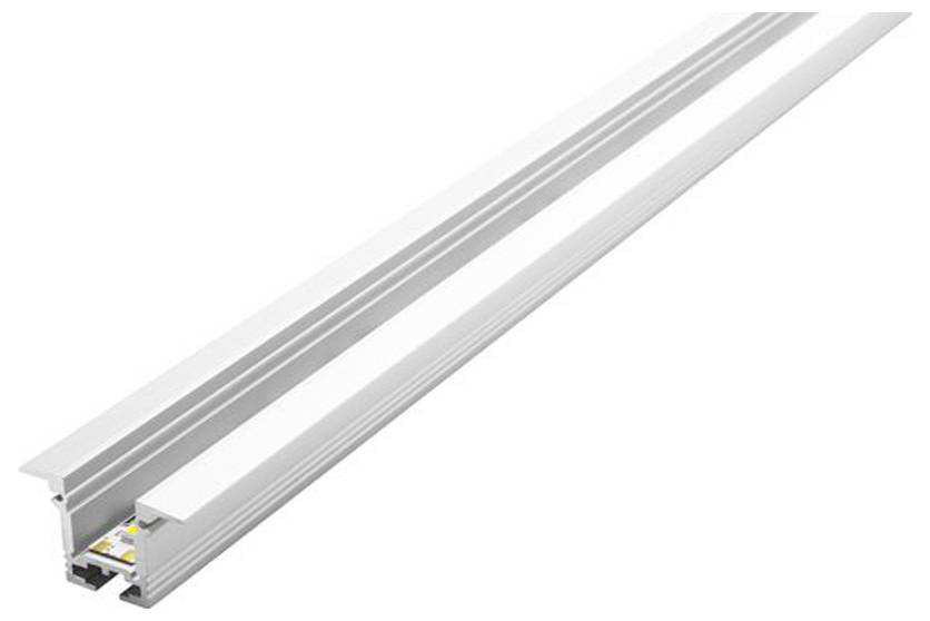 Aluminium-LED-Profilkanal mit einem sichtbaren LED-Streifen im Inneren, entwickelt um LED-Beleuchtung auf stromlinienförmige und geschützte Weise zu beherbergen.