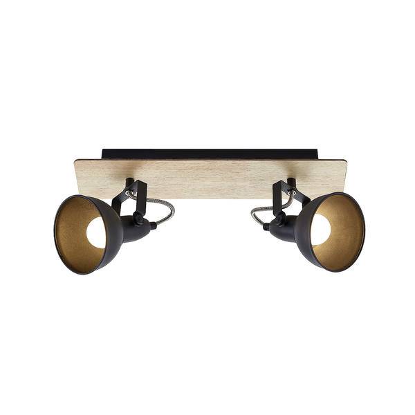 Verstellbare Deckenleuchte mit zwei Lampen, Holzsockel und schwarzen Metallarmen auf weißem Hintergrund.
