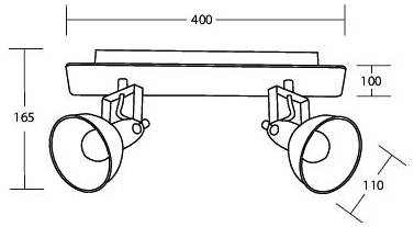 Technische Zeichnung einer Doppelspot-Leuchte mit zwei verstellbaren Lampen, mit Abmessungen von 400 mm Breite, 165 mm Höhe, 100 mm Tiefe und 110° Neigungswinkel.