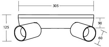 Technische Zeichnung einer Doppelzylinder-Spannvorrichtung mit einer Gesamtbreite von 305 mm, einer Höhe von 125 mm und seitlichen Abmessungen von 90 mm und 60 mm.
