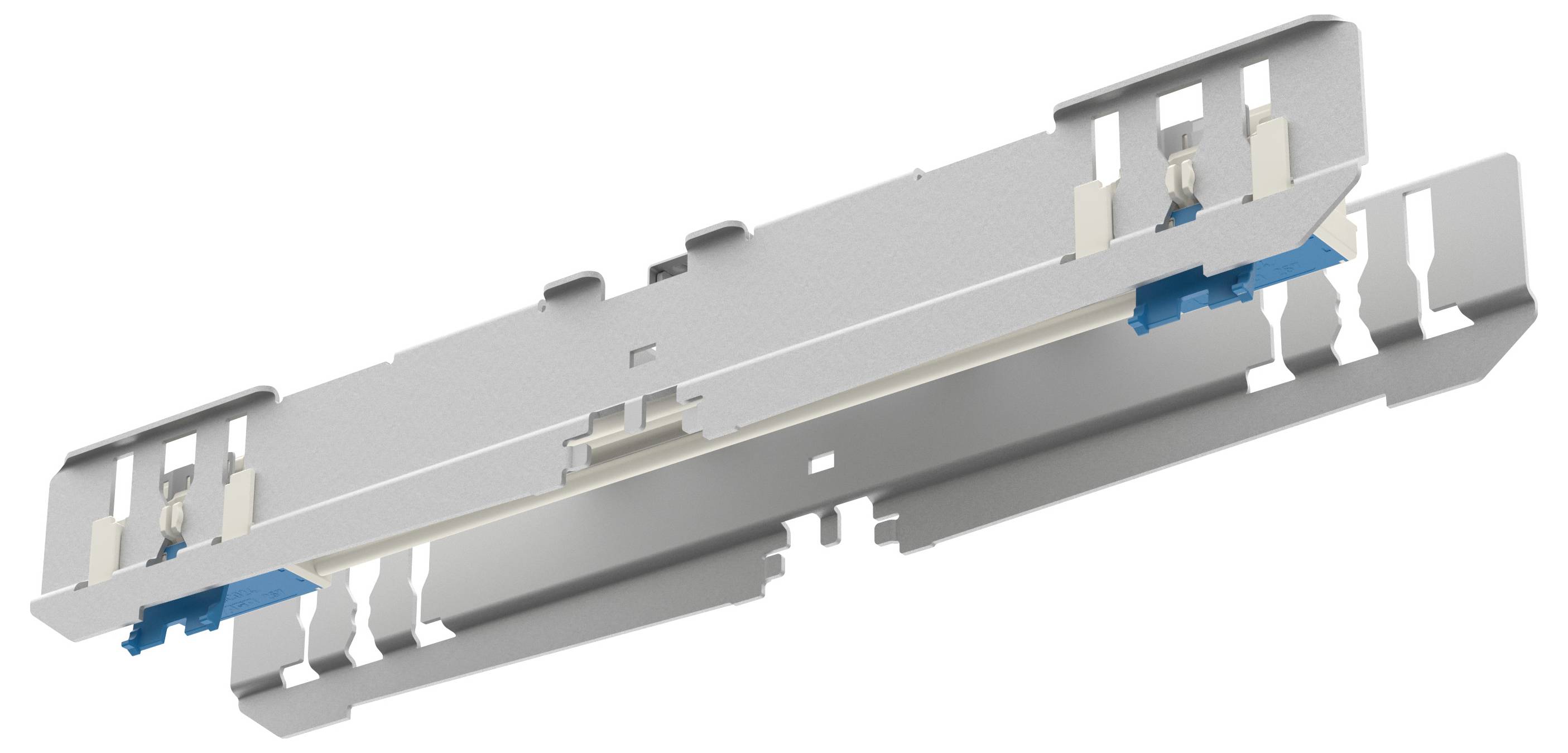 Metallmontageklammer für LED-Leuchten mit blauen Endklammern, entwickelt für Deckeninstallationen.