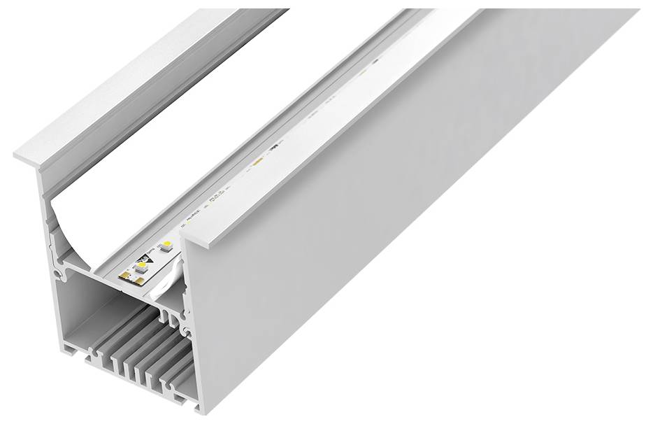 Nahaufnahme einer weißen elektronischen Komponente mit integrierten LED-Streifen in einem modularen Gehäuse, entworfen für die Verwendung in Beleuchtungssystemen.